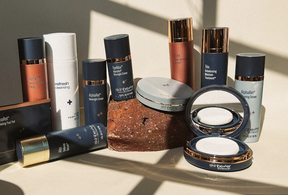 Display of professional-grade skincare products available for purchase at a medical spa.