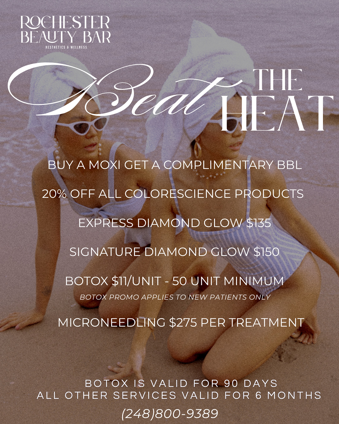 Summer skincare deals at Rochester Beauty Bar MedSpa including MOXI, BBL, Diamond Glow, Botox, microneedling, and Colorescience discounts.