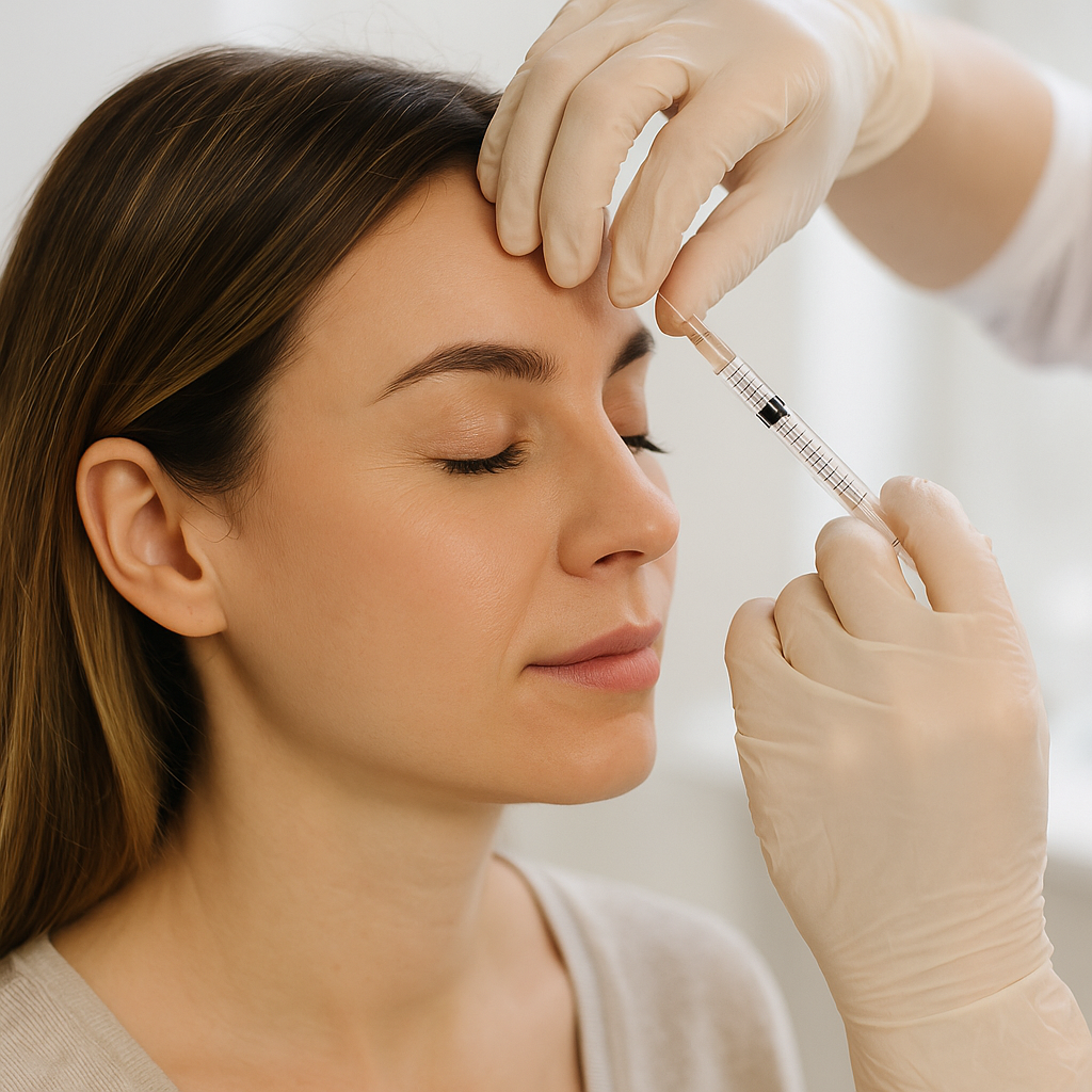 Woman getting Botox injected into her forehead by a medical professional at a medspa.