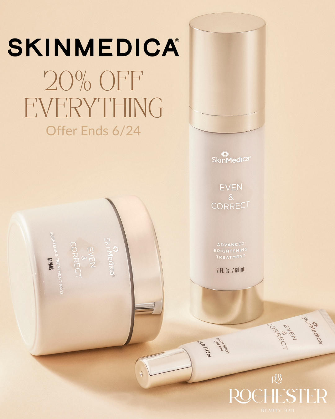 SkinMedica TNS Advanced+ Serum displayed next to a promotional banner highlighting 20% off when shopping through Rochester Beauty Bar’s official Brilliant Connections online store