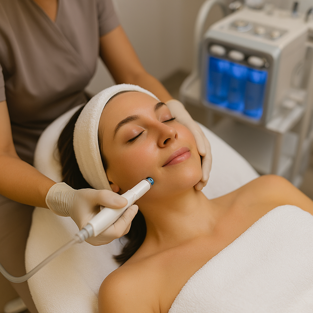 Woman receiving an express Hydrafacial at Rochester Beauty Bar in Rochester, Michigan, for quick pre-vacation beauty prep including lash lifts, Botox, and dermaplaning.