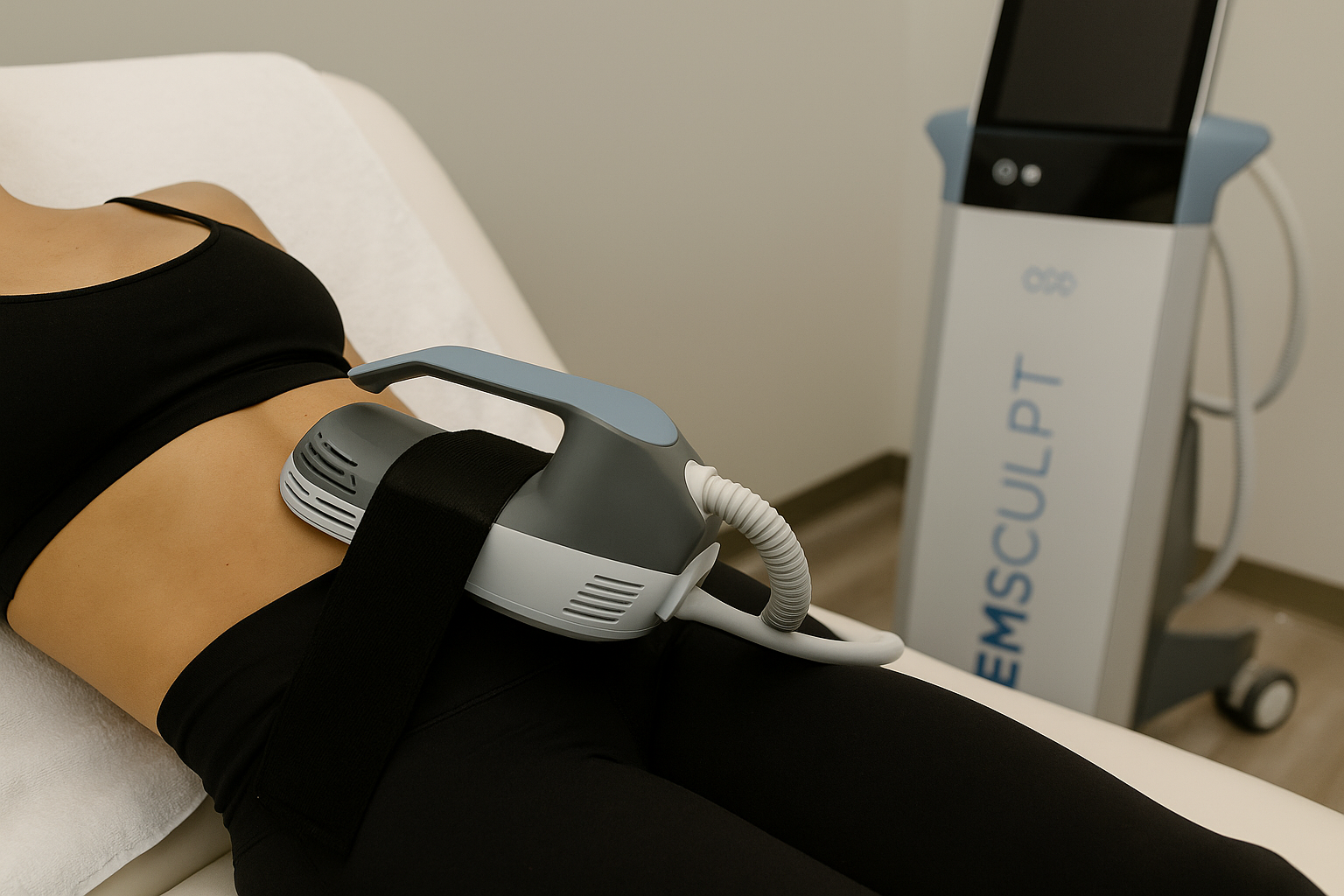 Woman receiving an Emsculpt Neo body contouring treatment on her abdomen at Rochester Beauty Bar, highlighting non-invasive fat reduction and muscle toning.